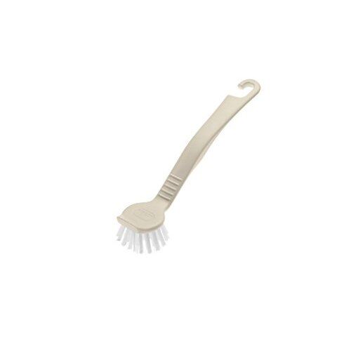 Addis Round Pot Dish Brush Linen (510289) - small head, built-in scraper, BPA-free plastic, hanging hook; versatile for pots, cups and grout