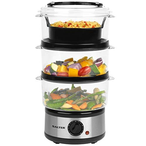 Salter 3-Tier Food Steamer - 7.5L Stainless Steel Multi-Cooker, Meat, Dumpling & Vegetable Steamer, Energy Efficient, 60 Minute Timer, 3 Removable