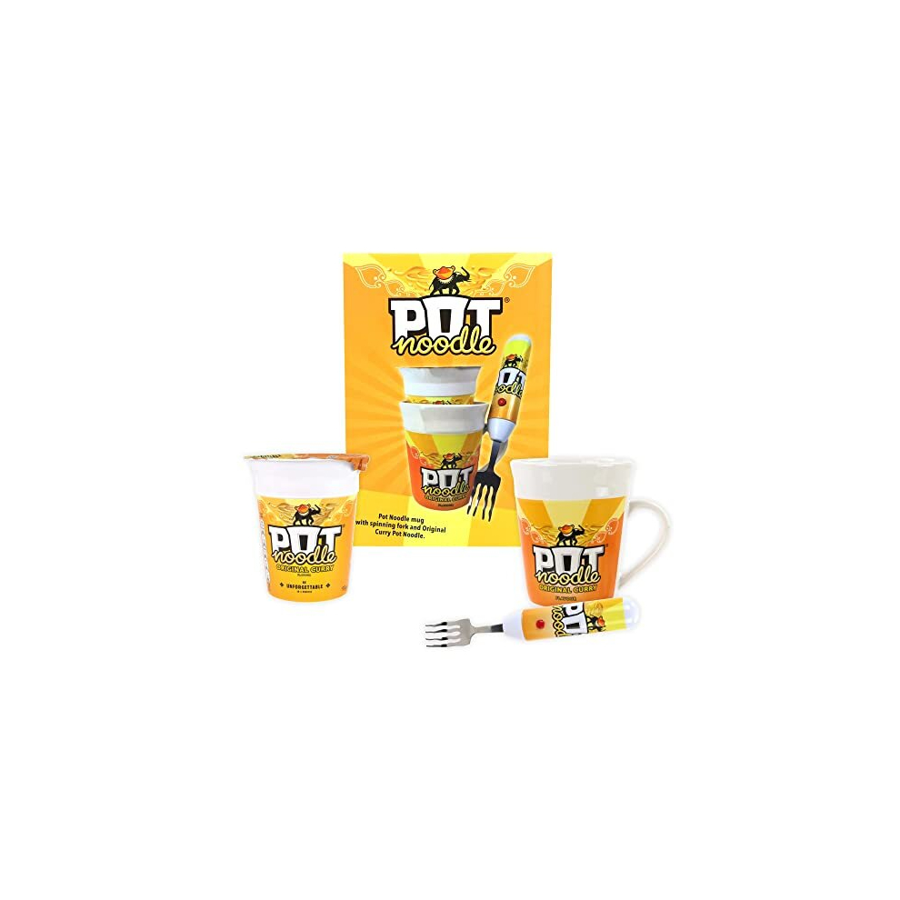 Pot Noodle Gift Set with Spinning Fork & Mug - Funny Novelty Gifts for Men, Women, Teens & Students - Includes Original Curry Pot Noodle (90 grams)