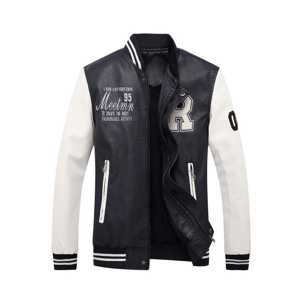 (Large, Black) Men's PU Leather Varsity College Baseball Jacket Baseball Bomber Coat