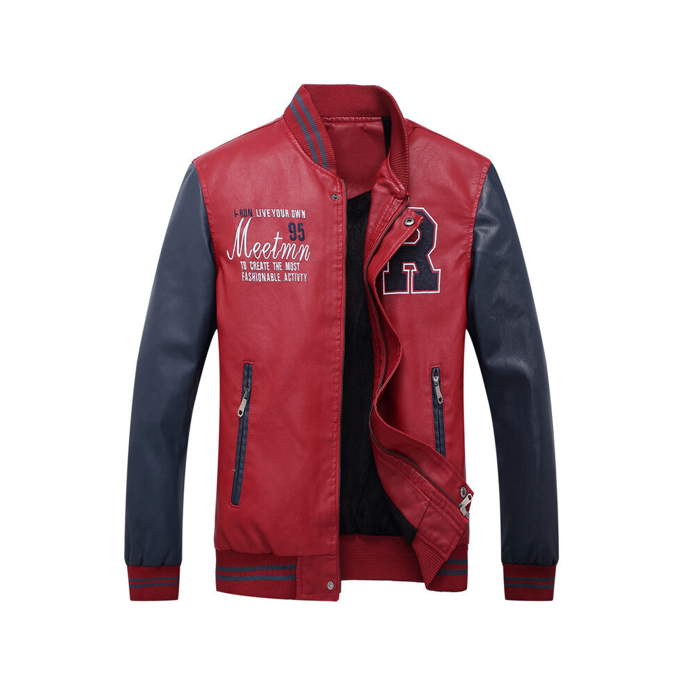 (Small, red) Men's PU Leather Varsity College Baseball Jacket Baseball Bomber Coat