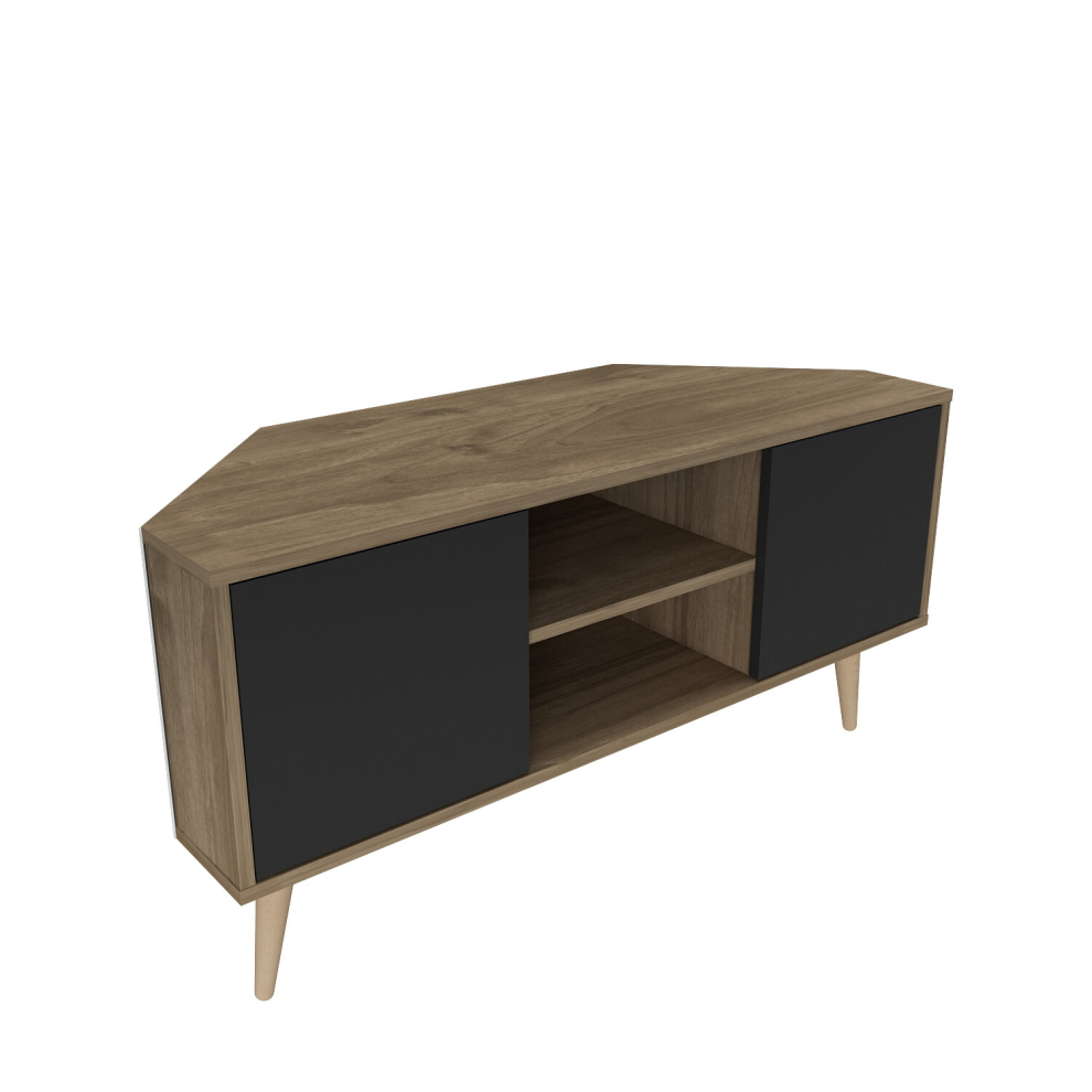 (Walnut and  Black) Decorotika Zahav Corner TV Stand Shelves Cabinets