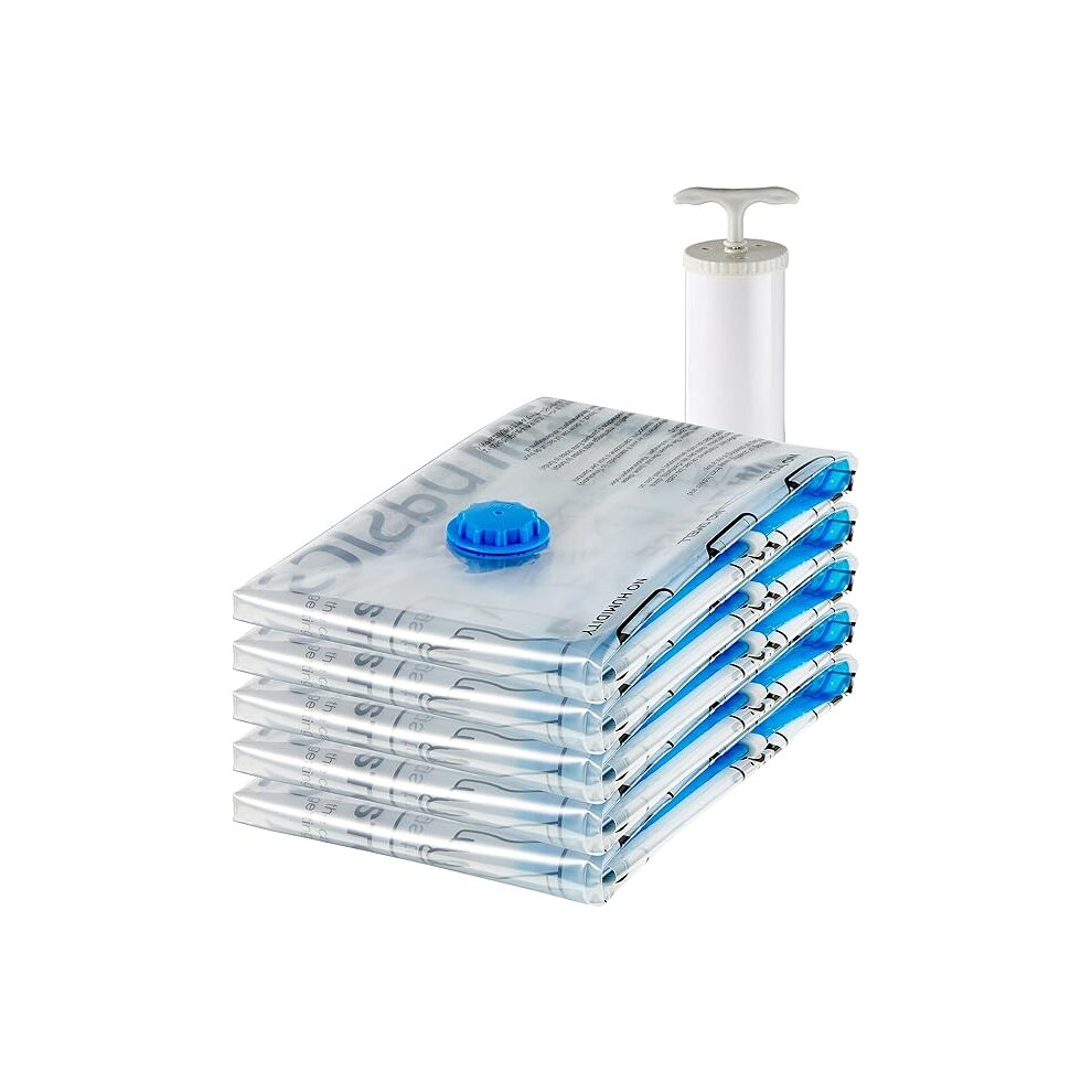 Vacuum Compression Storage Bags with Airtight Valve and Hand Pump, Large, 5-Pack, Clear