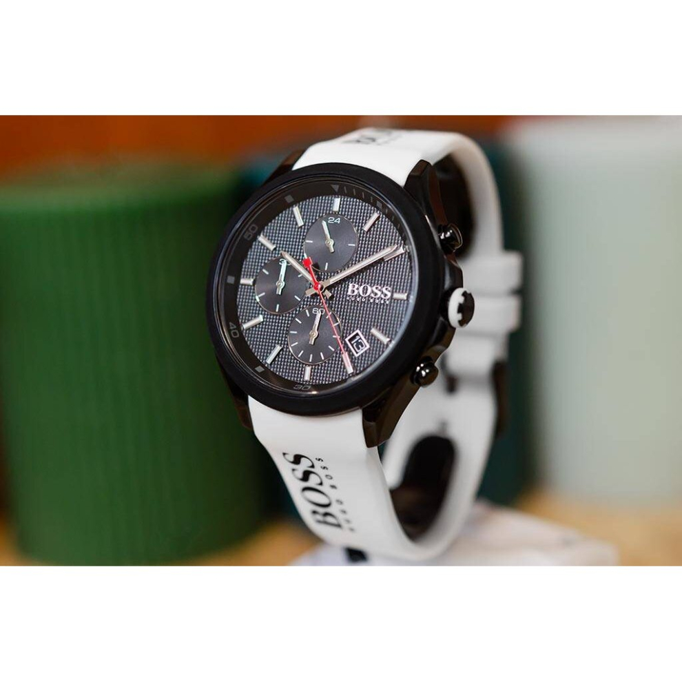 NEW HUGO BOSS MEN'S WATCH HB1513718 VELOCITY BLACK DIAL WHITE STRAP