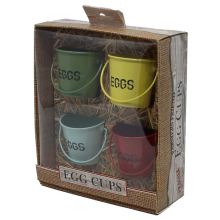 Set of 4 Metal Pastel Bucket Design With Handle Cockerel Boiled Egg Cups Buckets