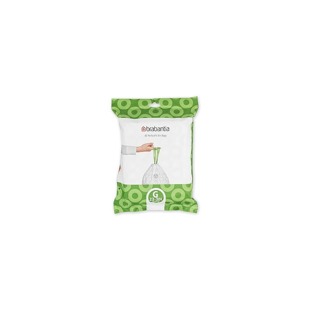 Brabantia PerfectFit Bin Liners (Size G/23-30 Liter) Thick Plastic Trash Bags with Tie Tape Drawstring Handles (40 Bags)