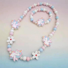 Cartoon Colorful Wooden Unicorn Flower Animal Child Sweater Necklace Bracelet Girls Childrens Jewelry Kids Toys 2pc