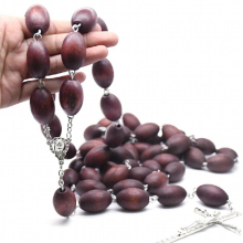 Religious Wine Red Wooden Rosaries Beaded Necklace Large Cross Pendant Wall Hanging Decoration Catholic Church Prayer Jewelry