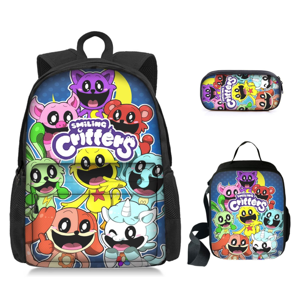 (A) 3pcs smiling critters Backpack Shoulder Bag Pencil Case