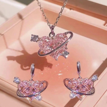 Y2K Crystal Pink Heart Necklac Earring Set Kpop Clavicle Chain for Women Girls Party Jewelry