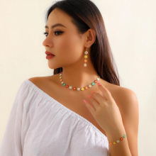 Romantic Colorful Drop Flowers Necklace Bracelet Pendant Earrings for Women Choker Bangle Jewelry Set Girls