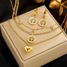 DIEYURO 316L Stainless Steel Heart Tree Pendant Necklace Earrings For Women Girl Non-fading Chain Choker Jewelry Set