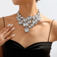 Exaggerated Rhinestone Large Round Stone Choker Necklace Bracelet Set for Girl Crystal Geometric Big Bib Collar Necklace Jewelry
