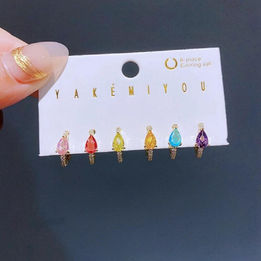 6pcs Colorful Cubic Zirconia Hoop Earrings Set Crystal Water Drip Women Jewelry-image-OPC-PCYRTS6-NEW