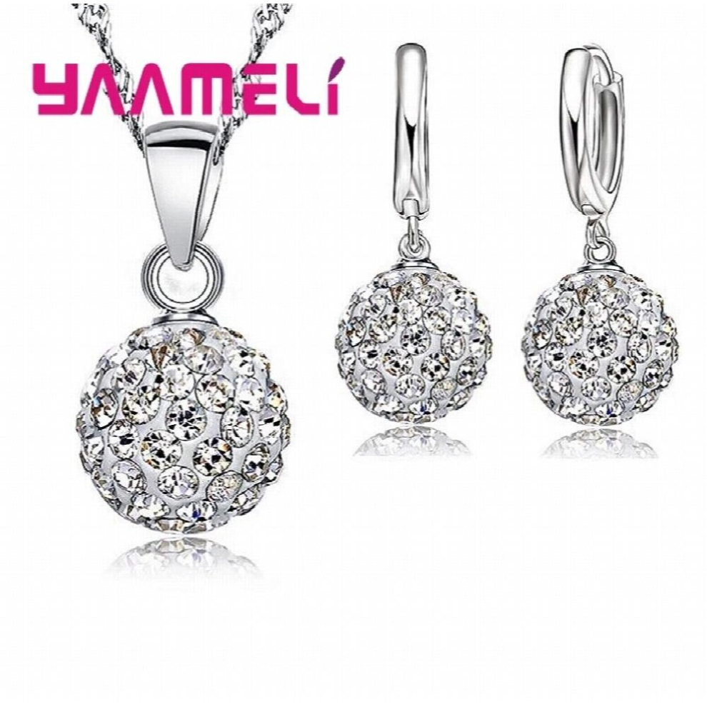 925 Sterling Silver Bridal Jewelry Sets Women Girls Wedding Austrian Crystal Paved CZ Disco Ball Necklace Hoop Earrings