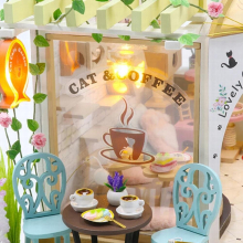 Handcraft Dollhouse Plus LED Light & Dustproof Cover Wooden Crafts Cat & Coffee House 3D Puzzles Model Toys for Girls
