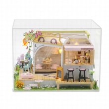 Handcraft Dollhouse Plus LED Light & Dustproof Cover Wooden Crafts Cat & Coffee House 3D Puzzles Model Toys for Girls