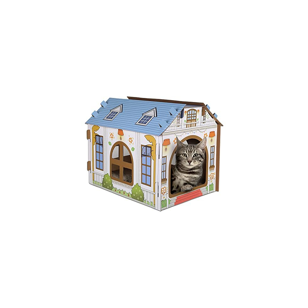 SEKAM Cardboard Cat House with Scratcher/Catnip, (42 x 30.5 x 33 cm) Cat Play House for Indoor Cats, Cat Scratching Toy, Cat Hideaway Furniture for