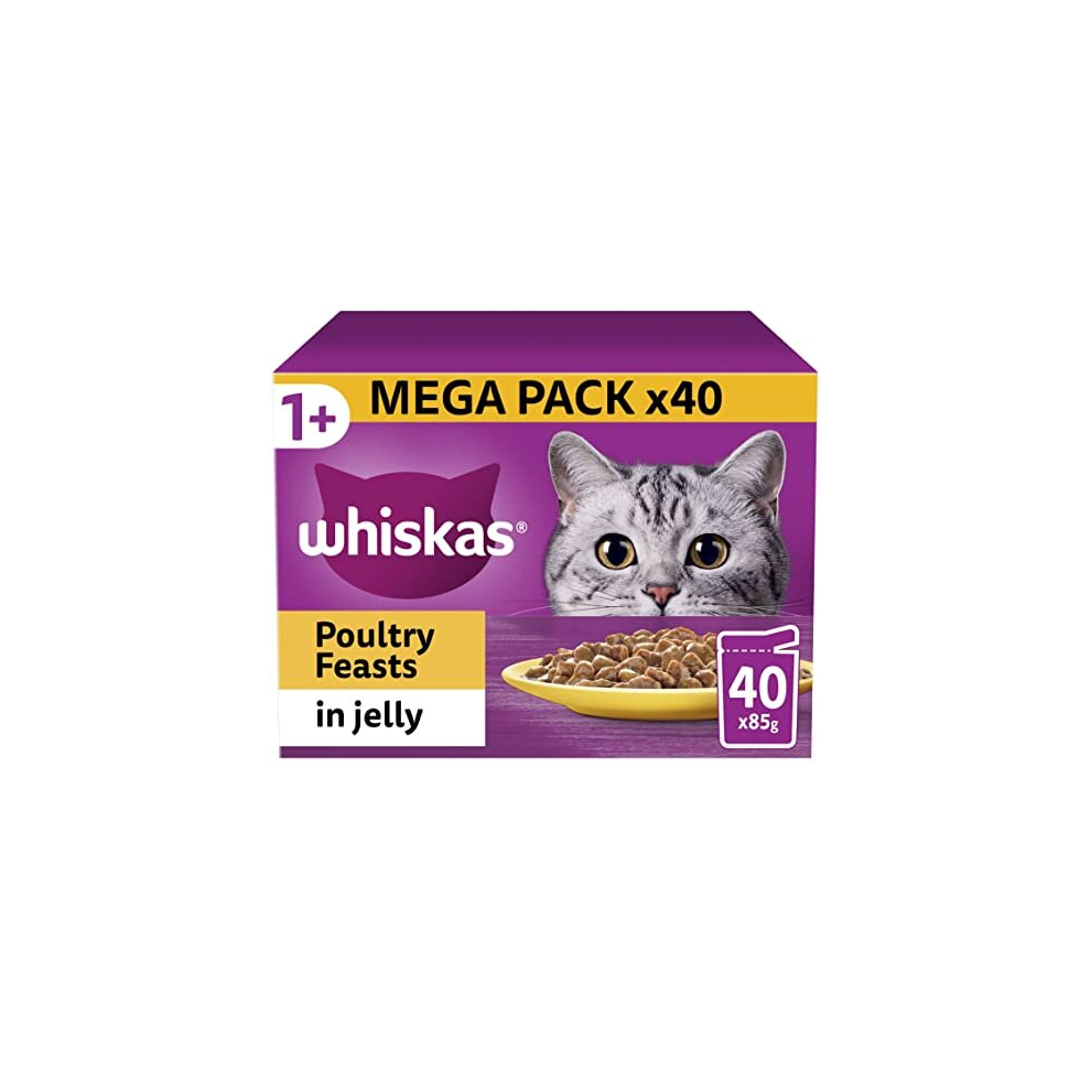 Whiskas 1+ Adult Poultry Selection in Jelly 40 Pouches, Adult Wet Cat Food, Megapack (40 x 85 g)