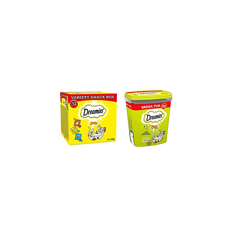 Dreamies Cat Treat for Cats Variety Pack 12x 60g & Cat Treats, Tasty Snacks with Tempting Tuna Flavour, 2 Tubs of 350 g