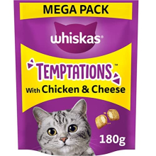WHISKAS Temptations - Tasty, Crunchy Treats for Adult Cats, Small Bite Size Snacks with a Delicious Chicken and Cheese Filling, 4 x 180 g Packets -