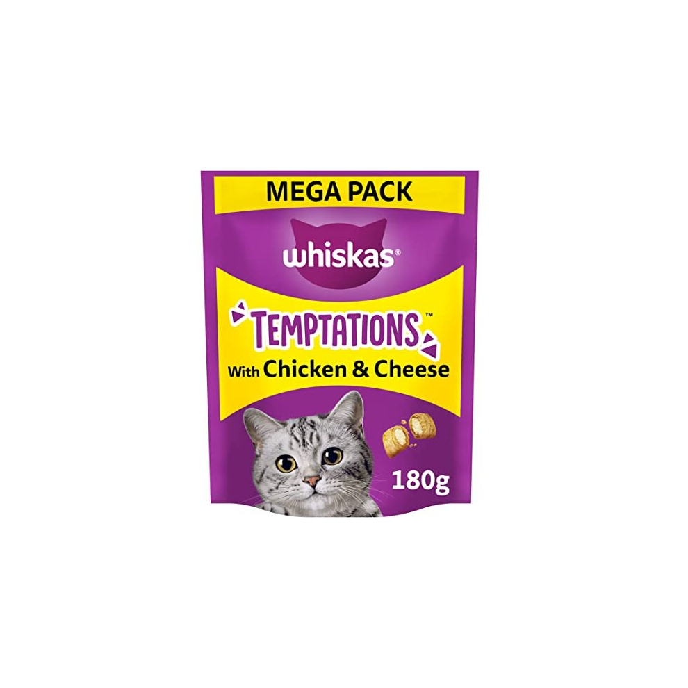 WHISKAS Temptations - Tasty, Crunchy Treats for Adult Cats, Small Bite Size Snacks with a Delicious Chicken and Cheese Filling, 4 x 180 g Packets -