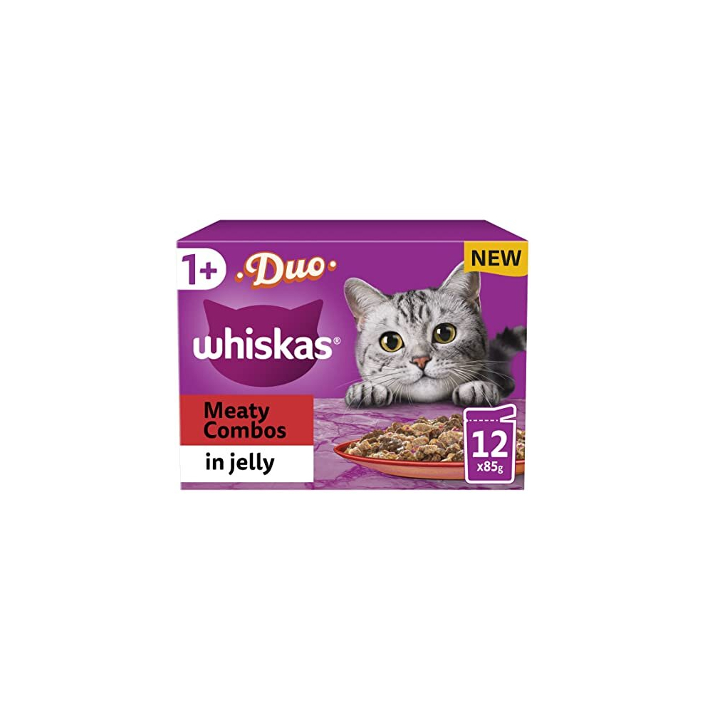 Whiskas Tasty Duo 1+ Meaty Combos in Jelly 48 x 85 g Pouches, Adult Cat Food, Pack of 4 (12 x 85 g)