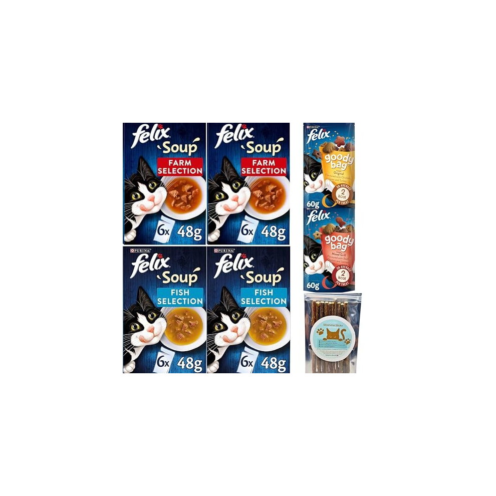 Felix Soup Cat Food Bundle Containing Farm and Fish Selection 48g x24 | Cat Treats 60g x2 | Silvervine Sticks