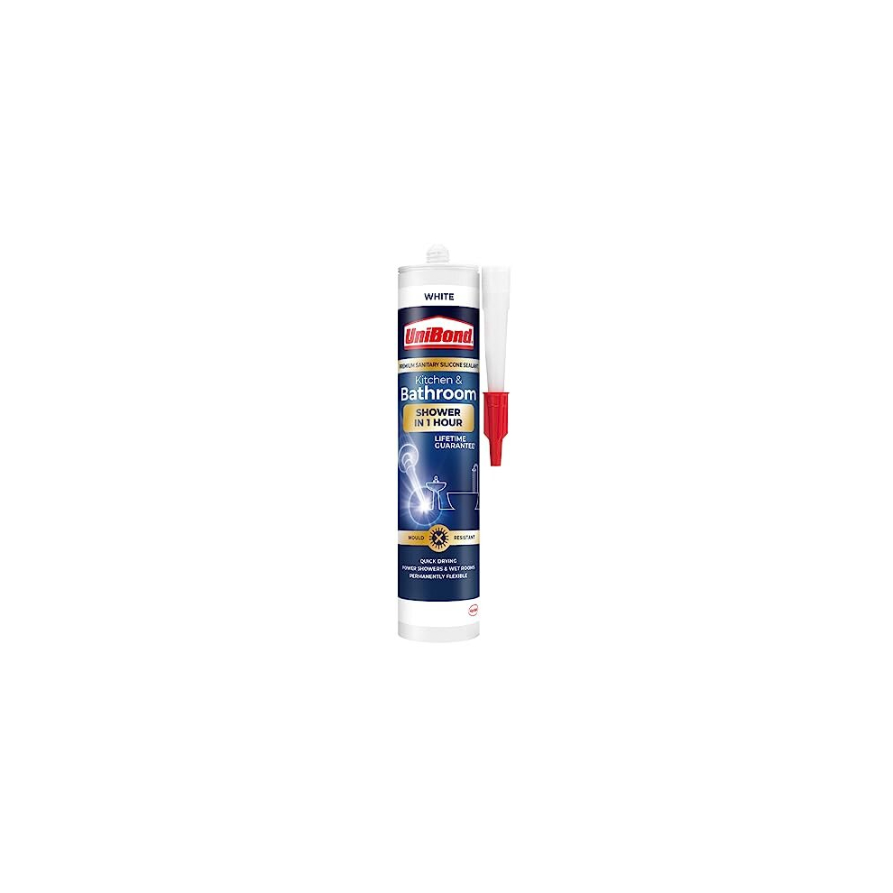 UniBond Speed Seal Sealant, Fast Drying White Silicone Sealant, Water & Mould-Resistant Bathroom Sealant, Bath Sealant for Hygienic Seals, 1x291g