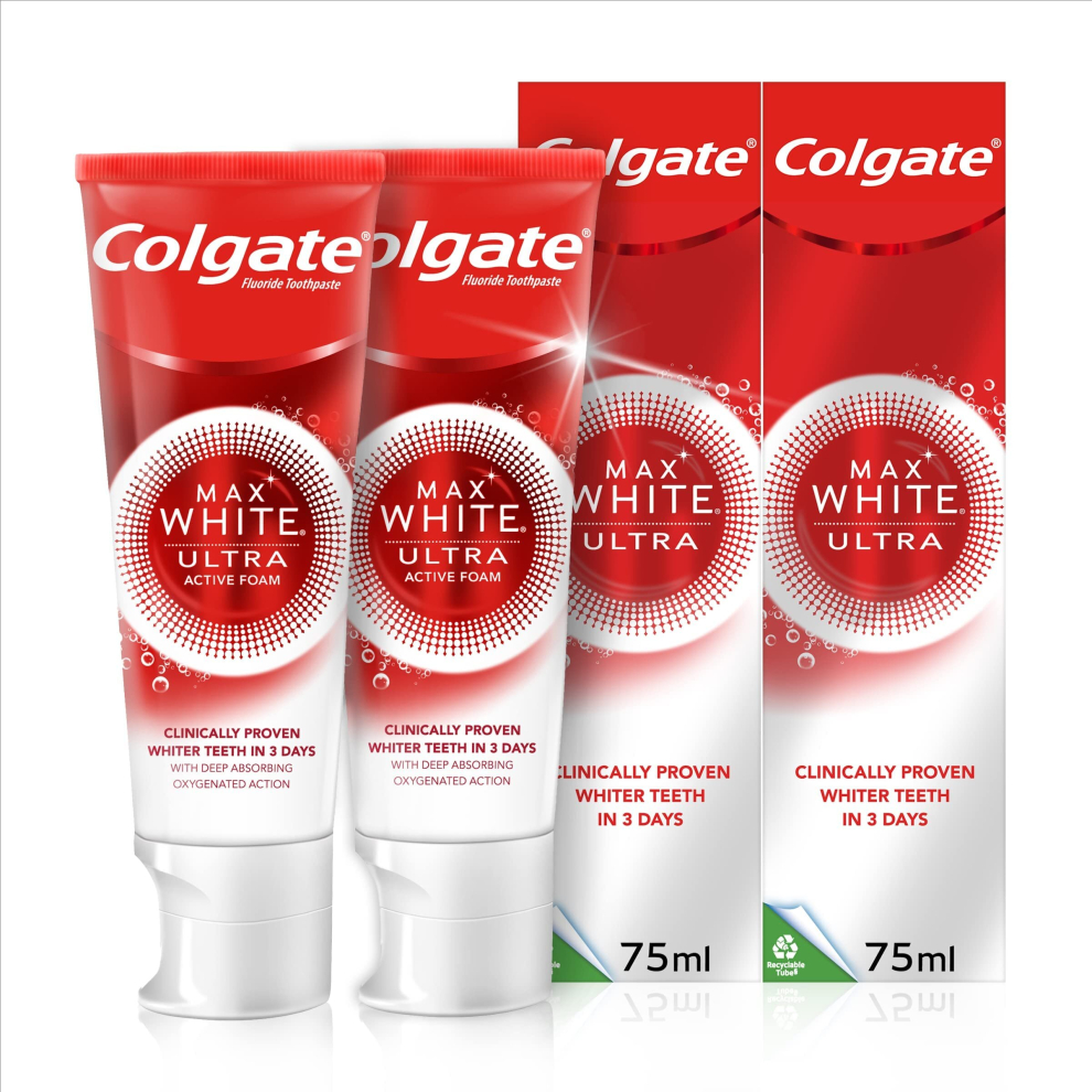 Colgate Max White Ultra Active Foam Teeth Whitening Toothpaste 75ml 2 Pack | whiter teeth in 3 days | enamel safe teeth whitening | teeth stain