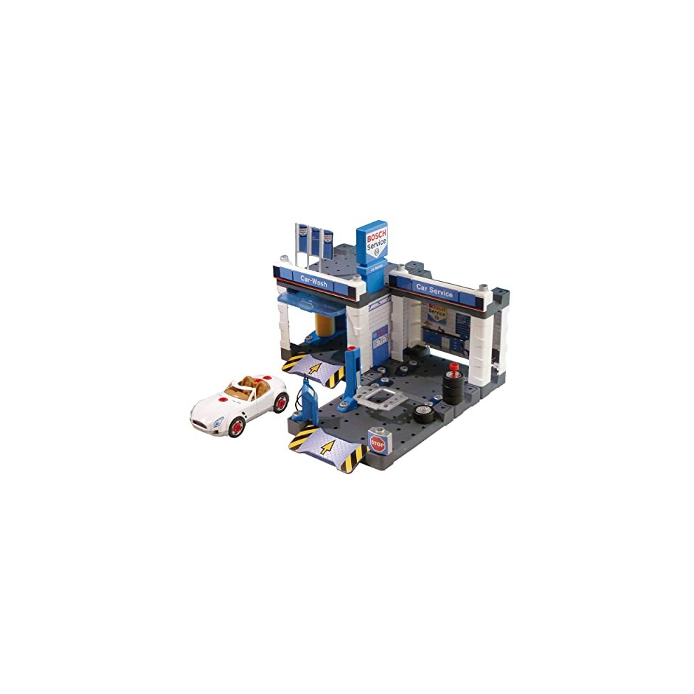 Theo Klein 8647 Bosch Car Service Station I with Car Wash and Height - Adjustable Lifting Ramp I Dismountable Car Included I Toy for Children Aged 3 