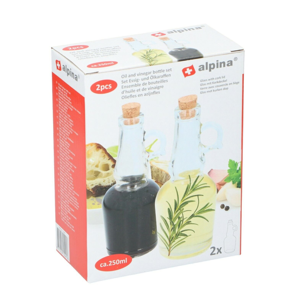 2 Piece Oil & Vinegar Set Cruet 250ml Condiment Dispensee Cork Lid