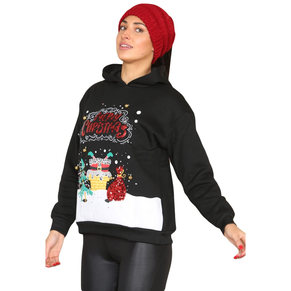 (Black, XS) 3D Christmas Ladies Hoodie LED Light Up Sweatshirt