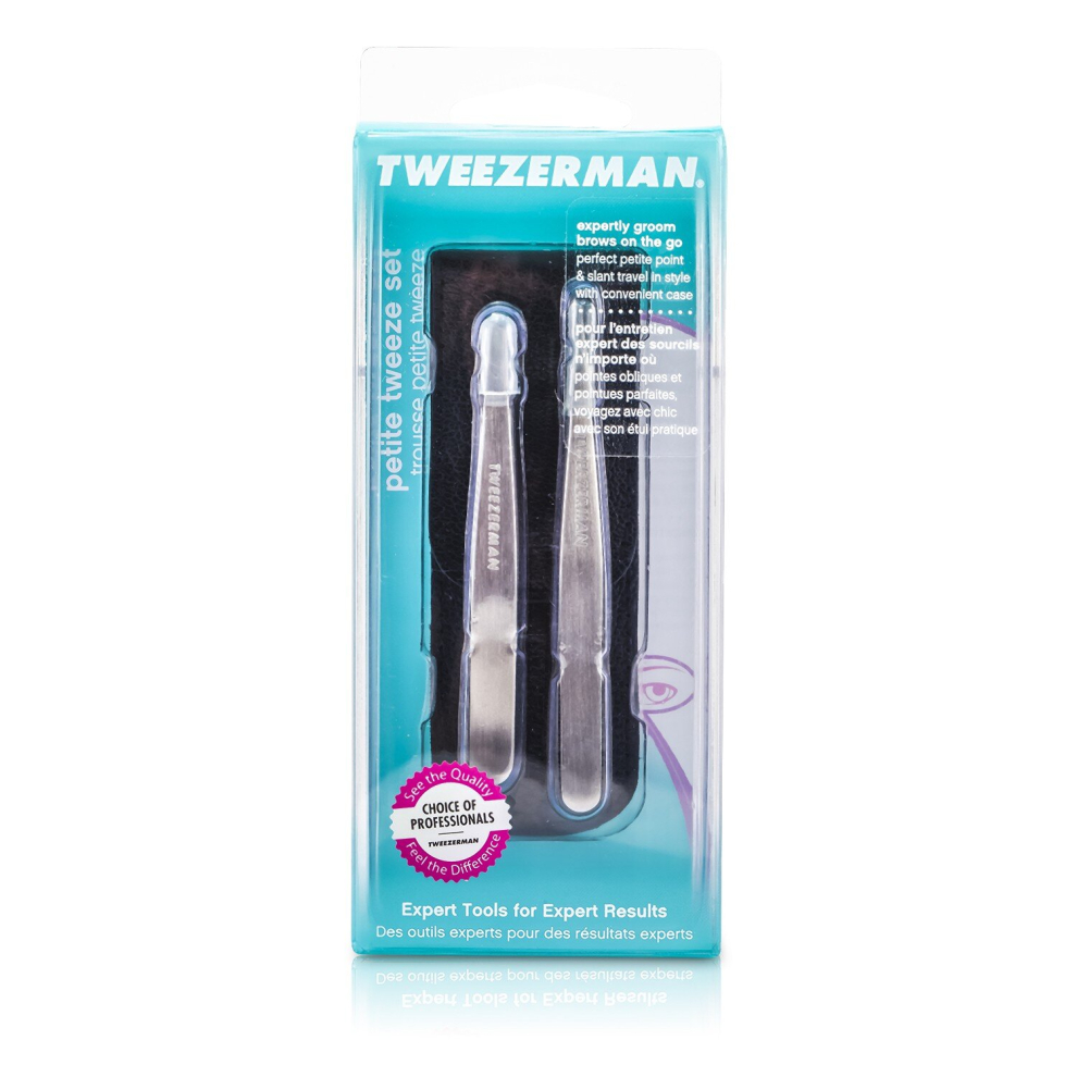 Tweezerman   - Petite Tweeze Set: Slant Tweezer + Point Tweezer - (With Black Leather Case) 4048-BR / 404838   - 2pcs