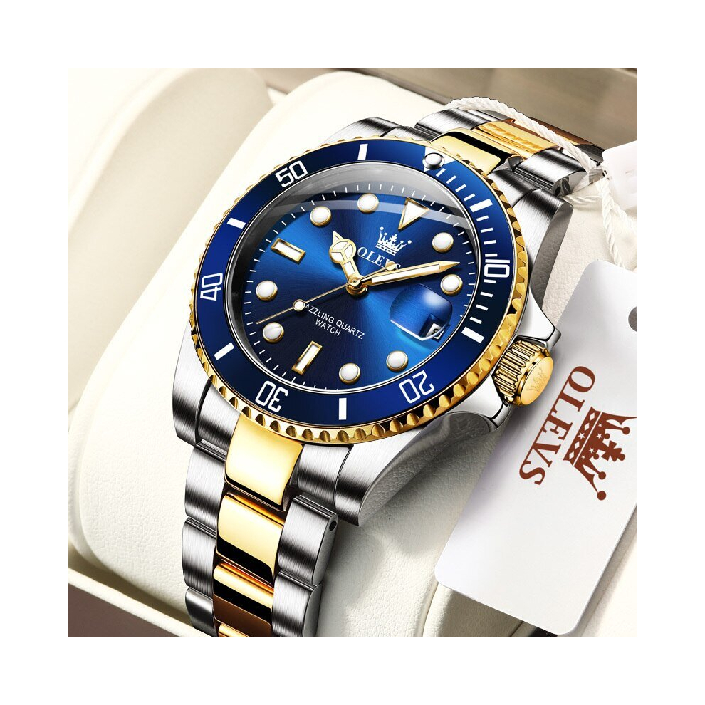 (gold blue) OLEVS Mens Watches Top Brand Luxury Fashion Waterproof Luminous Hand Green