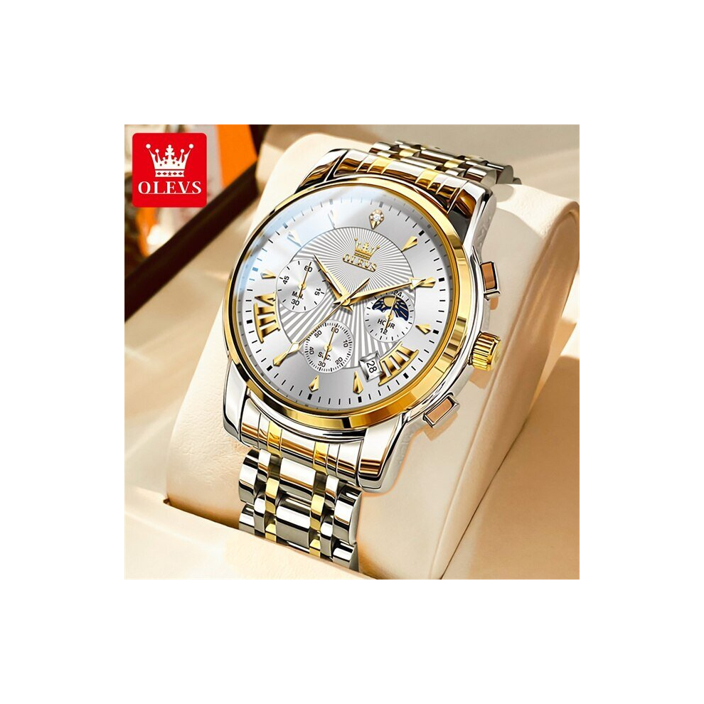 (Gold White-JB) OLEVS Luxury Brand Quartz Watch for Men Waterpoof Chronograph Men's Wristwatch