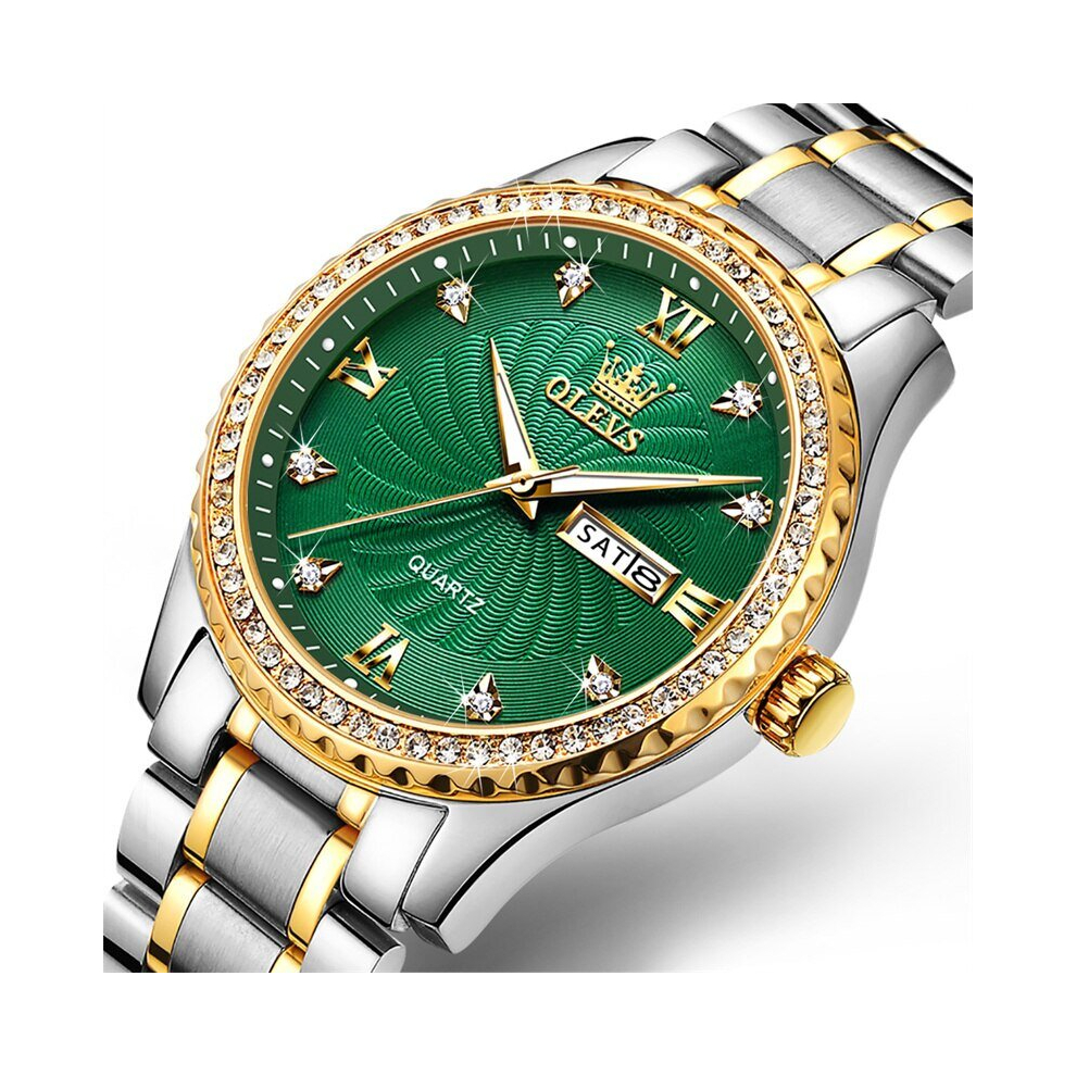 (Silver gold green) OLEVS Brand Men Watches Green Rotating Dial Diamond Quartz Watch Men Stainless