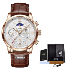 (gold white) 2023 New Mens Watches Top Brand Luxury Brown Leather Casual Quartz Watch