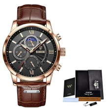 (gold black) 2023 New Mens Watches Top Brand Luxury Brown Leather Casual Quartz Watch