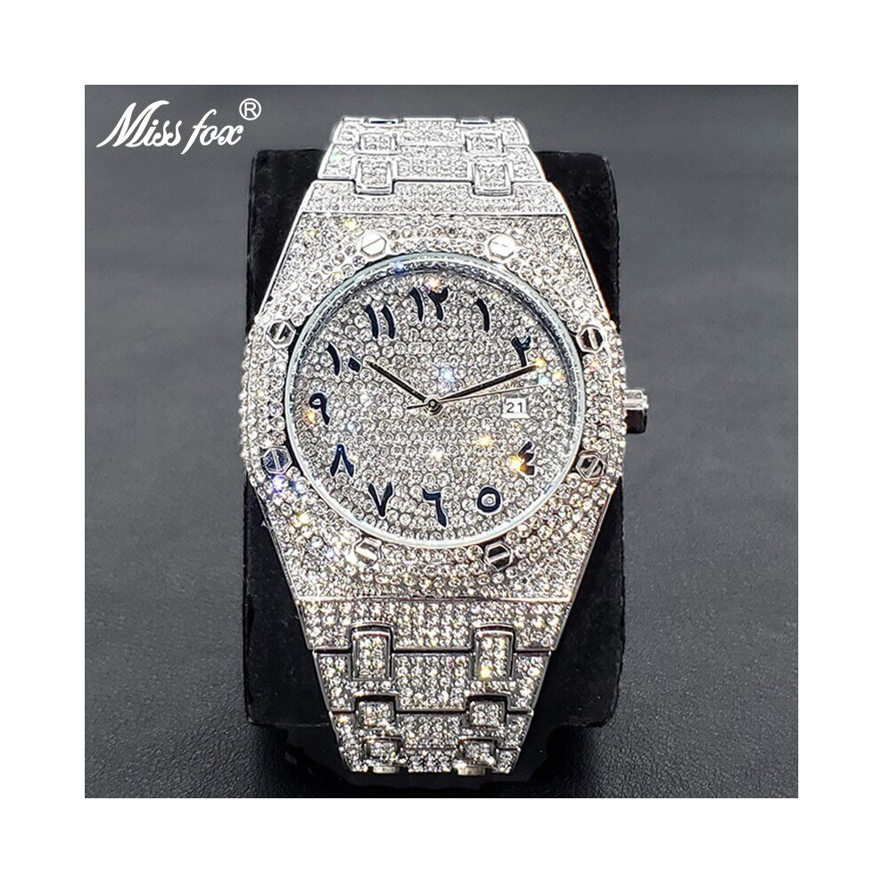 (V301Q-Silver) Luxury Full Diamond Watches For Men Top Brand Hip Hop Iced Out Arab Number