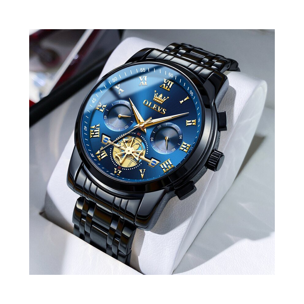 (black blue) OLEVS Watch for Men Luxury Multifunction Waterproof Luminous Stainless