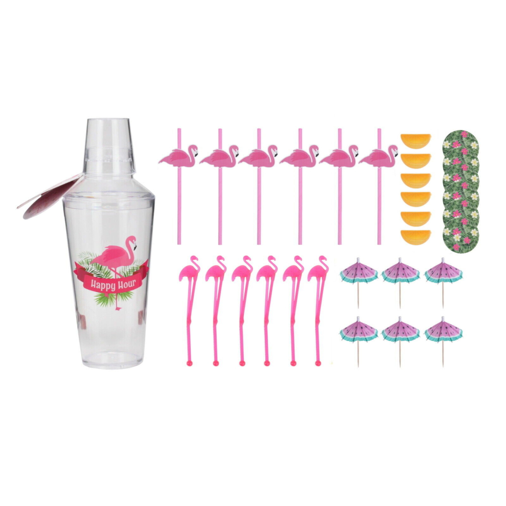 (Flamingo) Cocktail Shaker Set Drink Mixer Maker Kit 31PC Umbrella Stirer Party