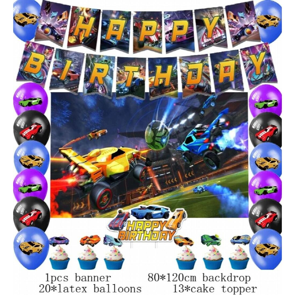 Rocket League Racing Game Theme Party Decor Set - Latex Balloons, Backdrop Banner & Cake Topper (Birthday & Baby Shower)