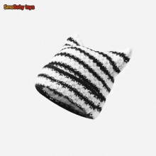 KPOP IVE baddie Hat Zhang Yuanying Knitted Hat Demon Stripe Knitted Hat Cat Ear Cover For Fans
