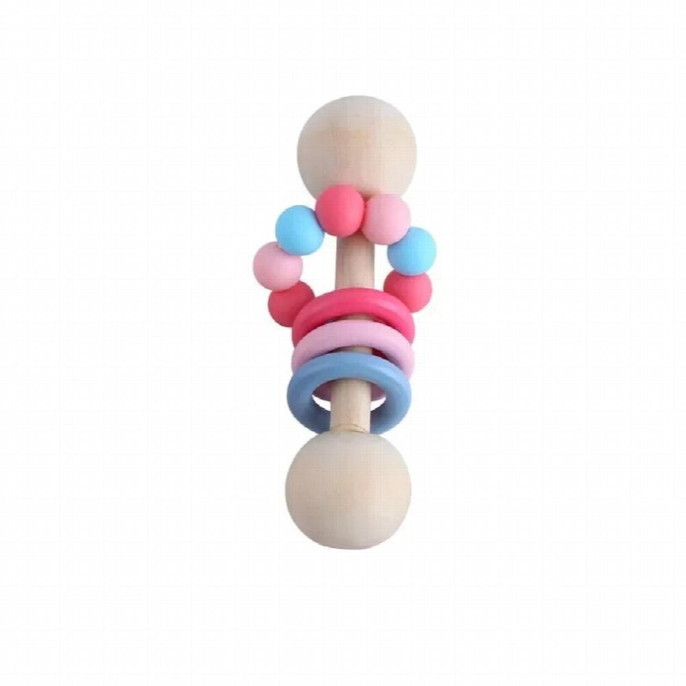 Wooden Teether Bells Wood Rattles Baby Hanging Teether Toys Beech Wooden Ring Silicone Beads Infant Rattle Wooden Baby Toys