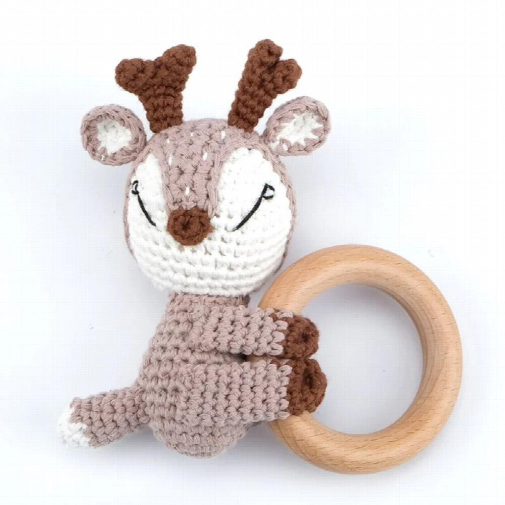 1pc BPA DIY Crochet Elk Fox Bee Baby Teether Wooden Teether Ring Rattle Newborn Teething Nursing Soother Molar Educational