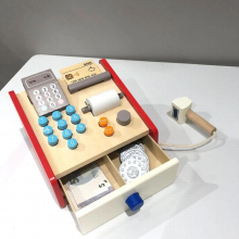 Kids Wooden Toy Simulation Cash Register Children Groceries Toys Counting Scanning Machine Supermarket Shopping Interactive Game
