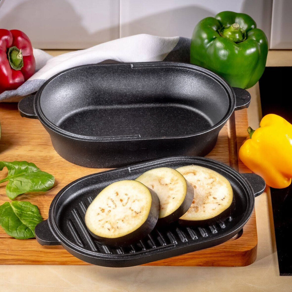 2IN1 Cast Iron Braiser Braising Pan Stew Pot Pre-Seasoned Dutch Oven & Grill Lid