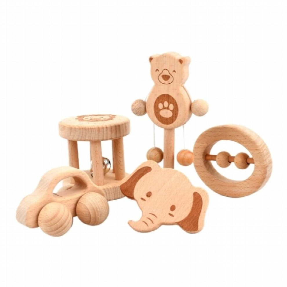 5pcs/Pack Baby Teething Toy Natural Wood Teething Toy BPA Soothing Sensory Toy for Newborn 3+ Months Boy Girl