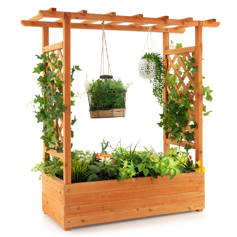 Raised Garden Bed Planter Box w/ Side & Top Trellis for Vine Climbing Plants
